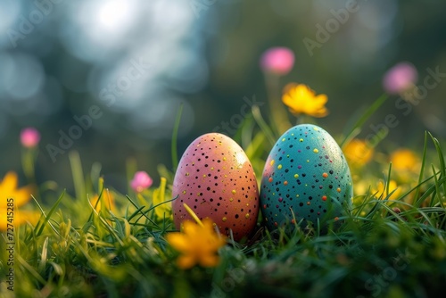 Amidst the vibrant flowers and lush green grass, two colorful easter eggs await discovery in the outdoor oasis