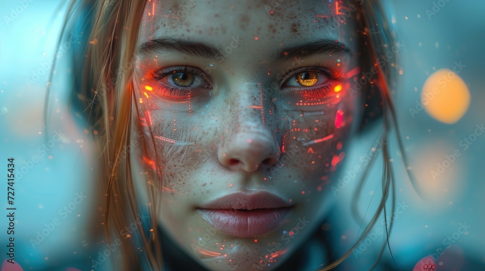Bliska fotografia twarzy kobiety ukazująca intensywnie lśniące bioniczne urządzenia podskórne, futurystyczna wizja - obrazy, fototapety, plakaty 
