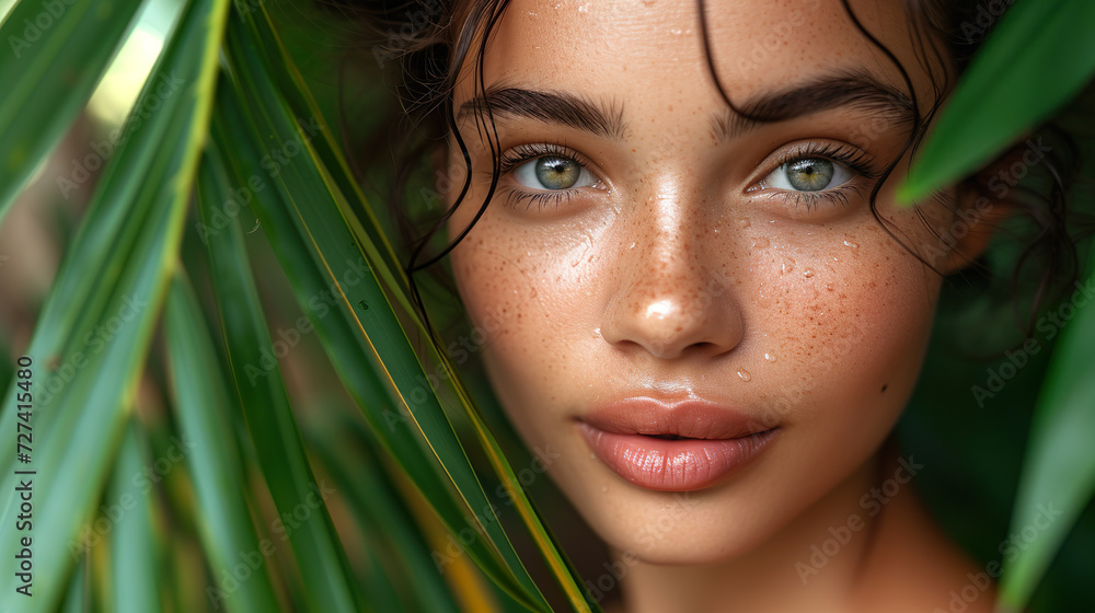 Beautiful tanned woman with a seductive look in a tropical forest. Beautiful tanned woman with a seductive look in a tropical forest.