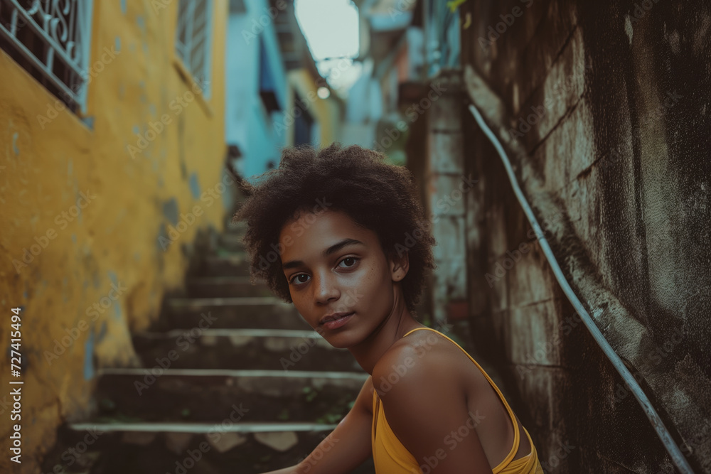 Fototapeta premium Introspective young woman in yellow, seated on favela stairs, urban texture backdrop.