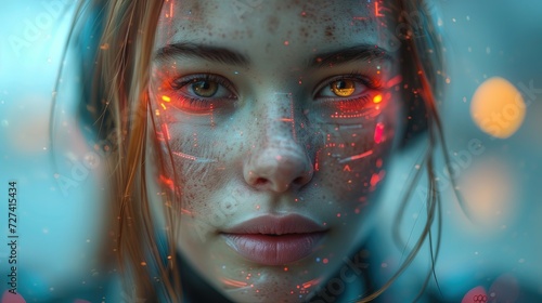 Bliska fotografia twarzy kobiety ukazująca intensywnie lśniące bioniczne urządzenia podskórne, futurystyczna wizja