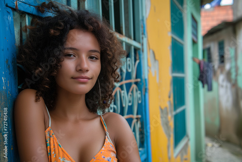 A serene young woman with curly hair leans against a colorful, graffiti-strewn doorway in the favela, her soft gaze reflecting a quiet moment.