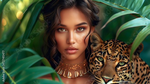 Beautiful tanned woman with a leopard in a tropical forest.