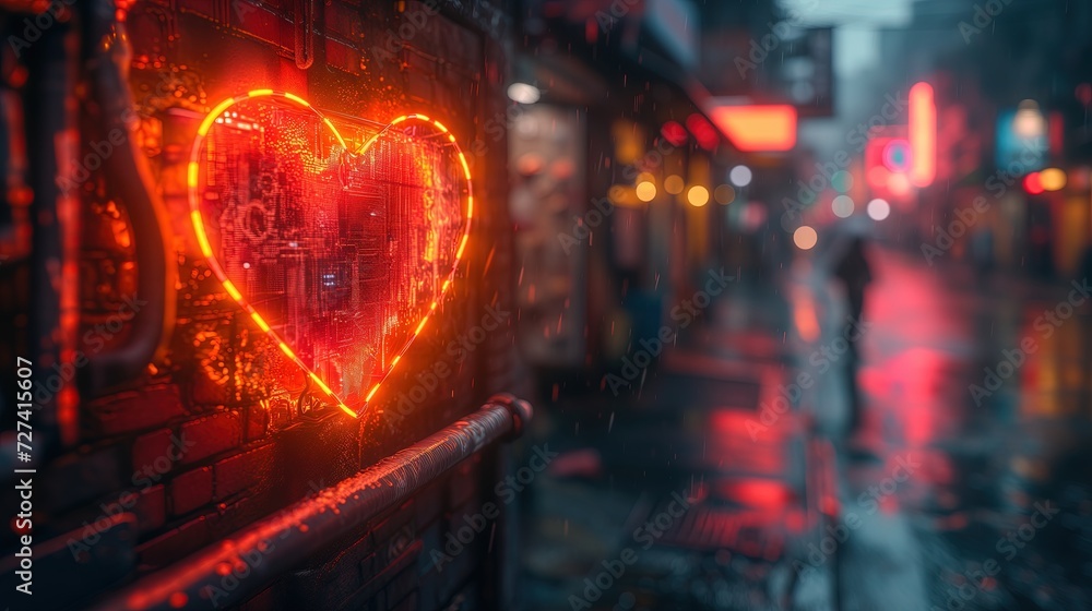 Neonowe serce oświetlone na bocznej ścianie budynku, podczas tematycznej sesji zdjęciowej związanej z walentynkami, kochaniem i romansem. - obrazy, fototapety, plakaty 