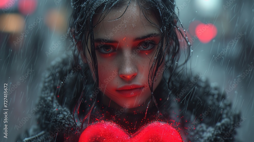 Kobieta trzymająca serce na zewnątrz podczas deszczu. - obrazy, fototapety, plakaty 