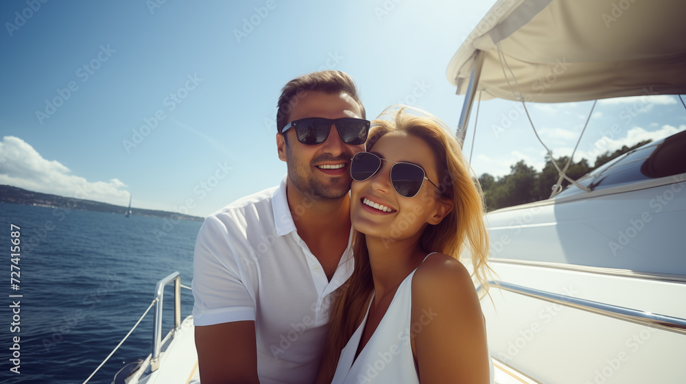 a couple on a luxury  yacht together smiling