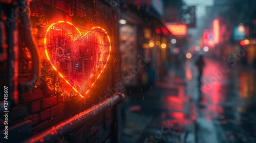 Neonowe serce oświetlone na bocznej ścianie budynku, podczas tematycznej sesji zdjęciowej związanej z walentynkami, kochaniem i romansem.