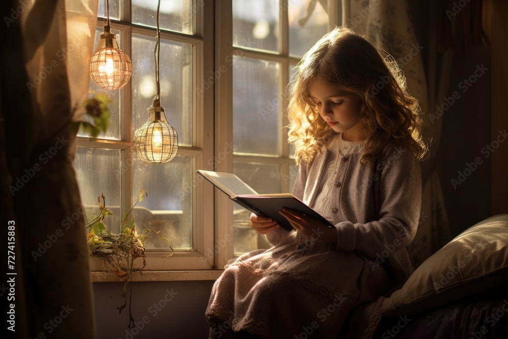 International Childrens Book Day, curly-haired girl, girl reading a book on the window, home library International Childrens Book Day, curly-haired girl, girl reading a book on the window, home library