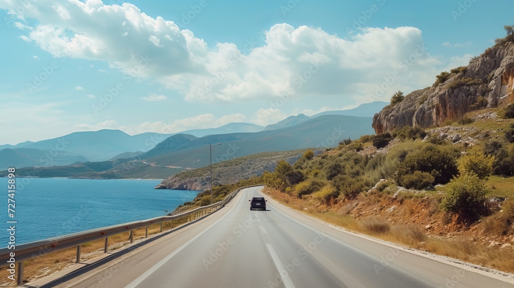 car driving on the road . road landscape in summer. it's nice to drive on the beach side highway. Highway view on the coast on the way to summer vacation. Turkey trip on beautiful travel road