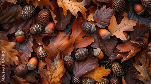 Autumnal close up of ripe acorns and oak leaves on the woodland ground of Wimbledon Common  photo
