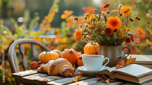 Bouquet of flowers, croissant, cup of tea or coffee, books on table in autumn garden. Rest in garden, reading books, breakfast, vacations in nature concept. Autumn time in garden on backyard 