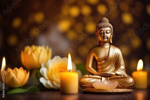 Mahavira Jayanti  bronze statuette of the deity  candles and white lotuses  Lord Buddha  golden bokeh