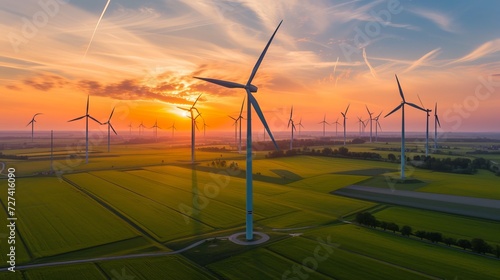Wind turbines generating green energy during sunset as seen from above in Waalwijk, Noord Brabant photo
