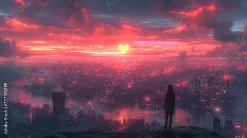 Osoba stojąca na szczycie wzgórza, z którego można podziwiać widok na miasto. W tle widać miłosny i romantyczny zachód słońca w kształcie serca.