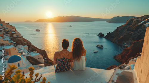 lesbian couple in santorini at sunset © aciddreamStudio