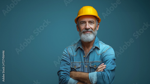Portrait of happy mature architect in helmet standing with crossed arms. Male industrial inspector of 50s wearing uniform posing in studio.