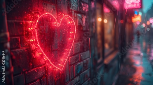 Na bocznej ścianie budynku widoczne jest neonowe serce, które odwołuje się do tematu walentynkowego, kochania oraz romansu.