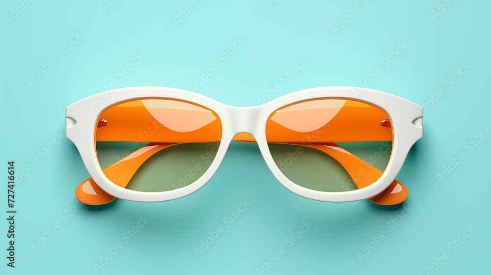 orange and White sunglasses on turquoise  background.