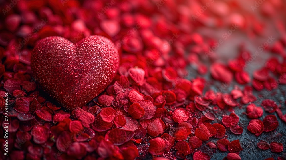 Czerwone serce położone na czarnej powierzchni, otoczone różami płatkami, nawiązujące do tematyki walentynkowej, kochania oraz romansu. - obrazy, fototapety, plakaty 