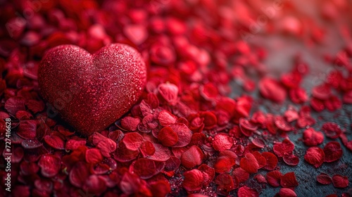 Czerwone serce położone na czarnej powierzchni, otoczone różami płatkami, nawiązujące do tematyki walentynkowej, kochania oraz romansu.
