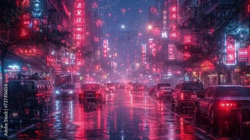 Na tej fotografii widać ruchliwą ulicę neonowego miasta w nocy podczas deszczu, gdzie panuje intensywny ruch samochodowy.