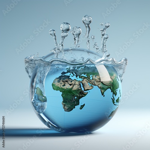 Earth planet in water with splash, 3D illustration, Ai Generated