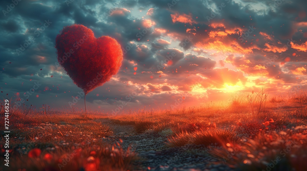 W powietrzu dryfuje czerwony balon w kształcie serca. - obrazy, fototapety, plakaty 