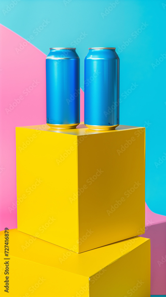 two blue cans on a yellow box against pink and blue background two blue cans on a yellow box against pink and blue background