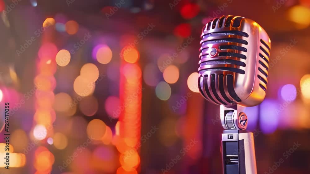 Retro microphone on stage with a bright background blurred in bokeh. Generative AI