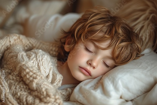 A peaceful toddler slumbers in the comfort of their bed, their soft skin and serene expression reflecting the innocence and tranquility of a child's nap
