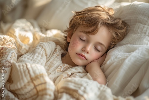 Peaceful innocence captured in a soft embrace, a child slumbers in the comfort of their bed, cocooned in warmth and safety, their tiny face radiating tranquility