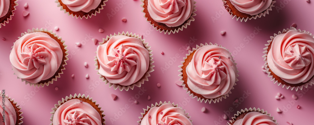 Pink cupcakes with white frosting and sprinkles arranged neatly on a matching pink background.