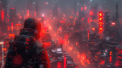 Mężczyzna stoi w środku miasta w nocy, otoczony budynkami i ulicznym światłem czerwonych neonów futurystycznego miasta przyszłości