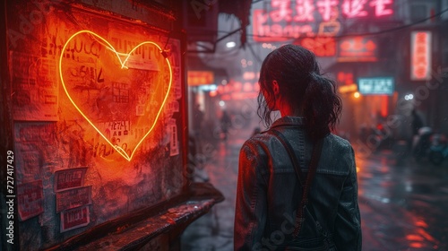Kobieta stoi przed jasnym neonowym sercem w tablicy ogłoszeń na tle walentynkowej atmosfery.