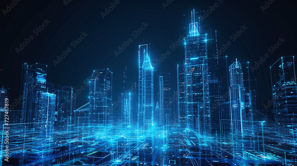 futuristic city of network of lights and wire futuristic city of network of lights and wire
