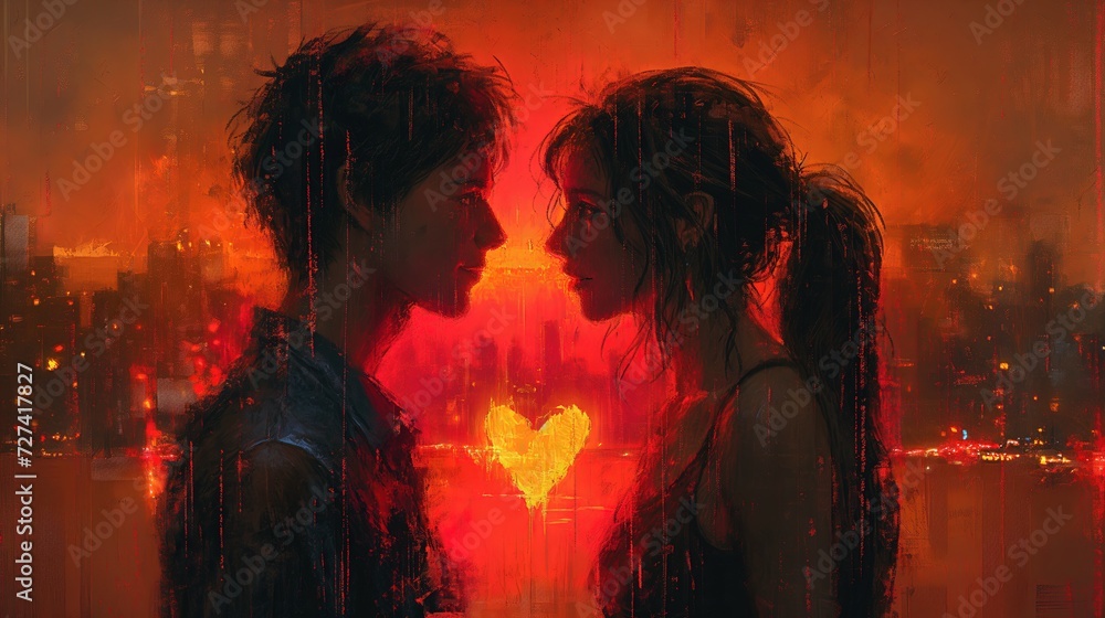 Mężczyzna i kobieta stojący obok siebie w deszczu, wyrażając uczucie miłości i romantyzmu w czasie walentynek. - obrazy, fototapety, plakaty 