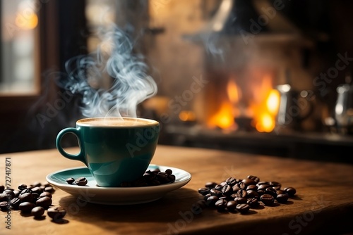 The aroma of freshly brewed coffee filling the air. The smoke rises from the cup, swirling and dancing in the sunlight. Perfect for coffee lovers, bloggers, and foodies alike.