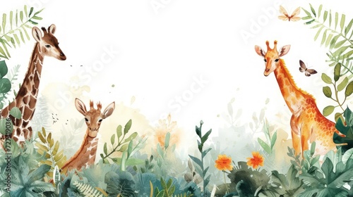 Funny Jungle cartoon safari animals in forest in cartoon watercolor style. Generated AI image photo