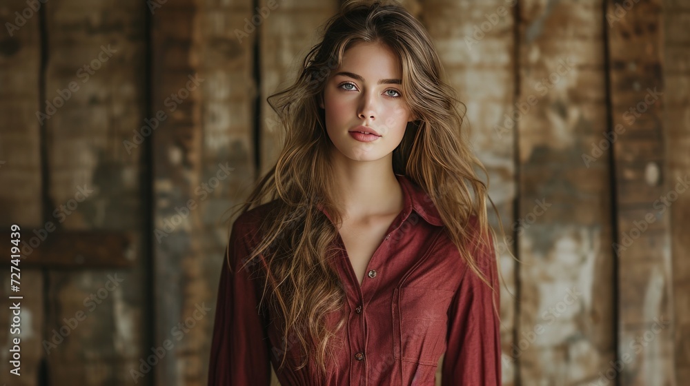 Fototapeta premium Female model casual fashion rustic background 