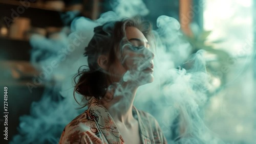 a young girl sitting in the kitchen in a home robe, in clouds of smoke. dreaming of another life. Generative AI