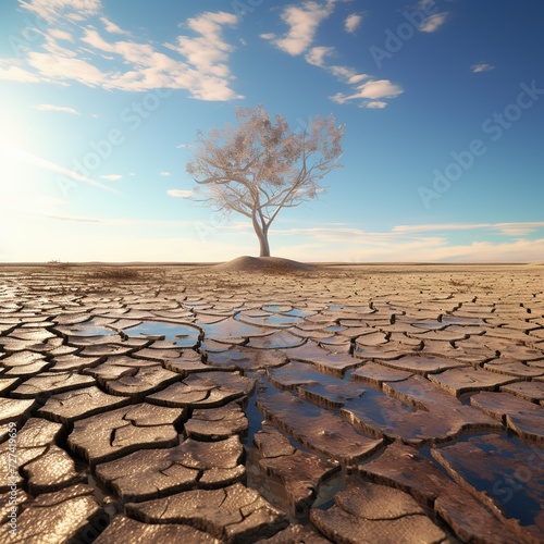 Lonely tree on cracked earth, Global warming concept, Ai Generated
