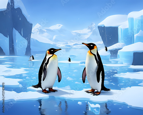 a couple of penguins standing next to each other  penguins on the ice