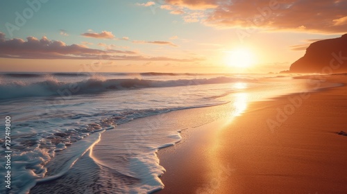 beautiful beach at sunrise with ocean waves