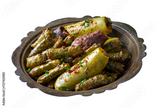 Traditional Turkish cuisine; Mixed Stuffed Vegetables. Stuffed leaves, stuffed zucchini and stuffed eggplant. Turkish name; Yaprak sarmasi, kabak dolmasi photo