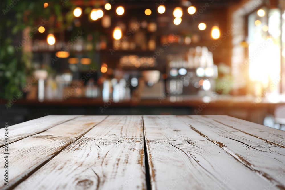 Closeup of white wooden table, cafe and bar on background Closeup of white wooden table, cafe and bar on background