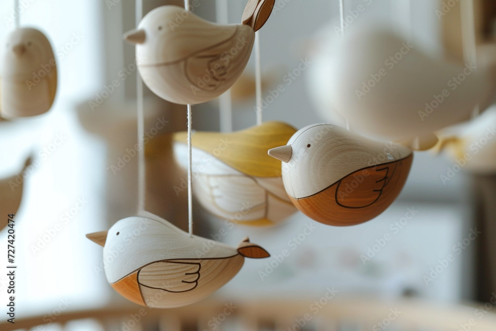 Scandinavian Baby crib mobile with wooden birds - obrazy, fototapety, plakaty 