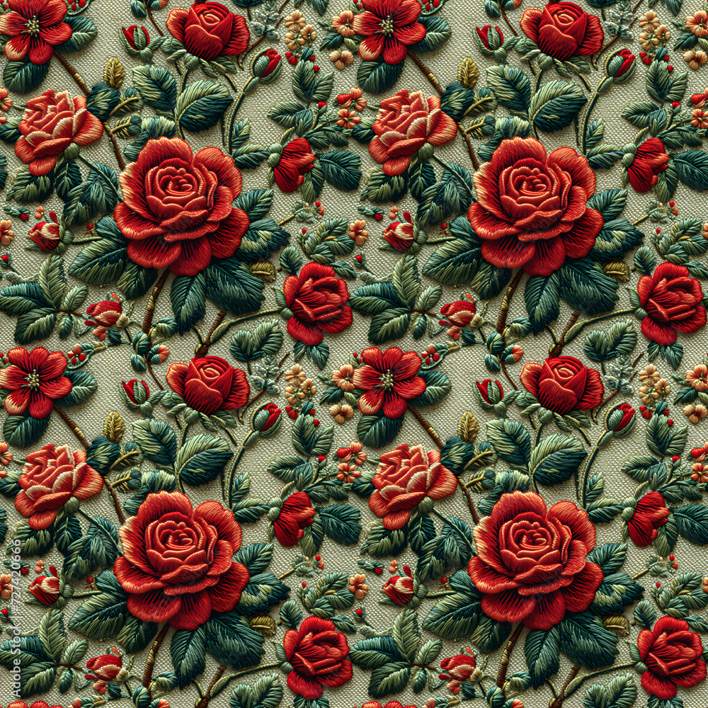 Fabrics embroidered seamless patterns of  red roses pastel color tones for various creative lovers and home decorating enthusiasts.