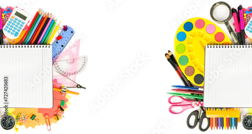 Set of stationery and school supplies isolated on a white. There is free space for text. Collage. Wide photo.
