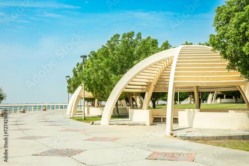 Sphere shaped gazebos in the coastal park at artifical Murjan Island, Dammam, Saudi Arabia