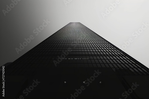 A monochrome skyscraper towers above the foggy cityscape, its symmetrical windows reflecting the endless sky and showcasing the grandeur of modern architecture